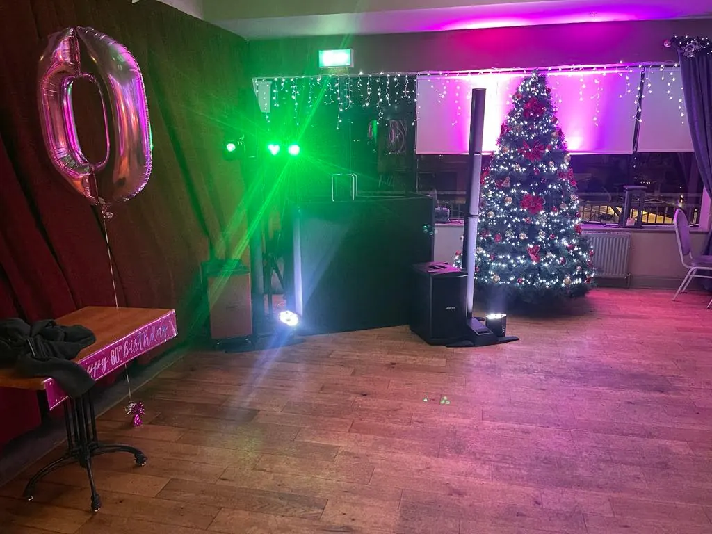 DJ G Beats sound system and lighting set up for a Christmas party